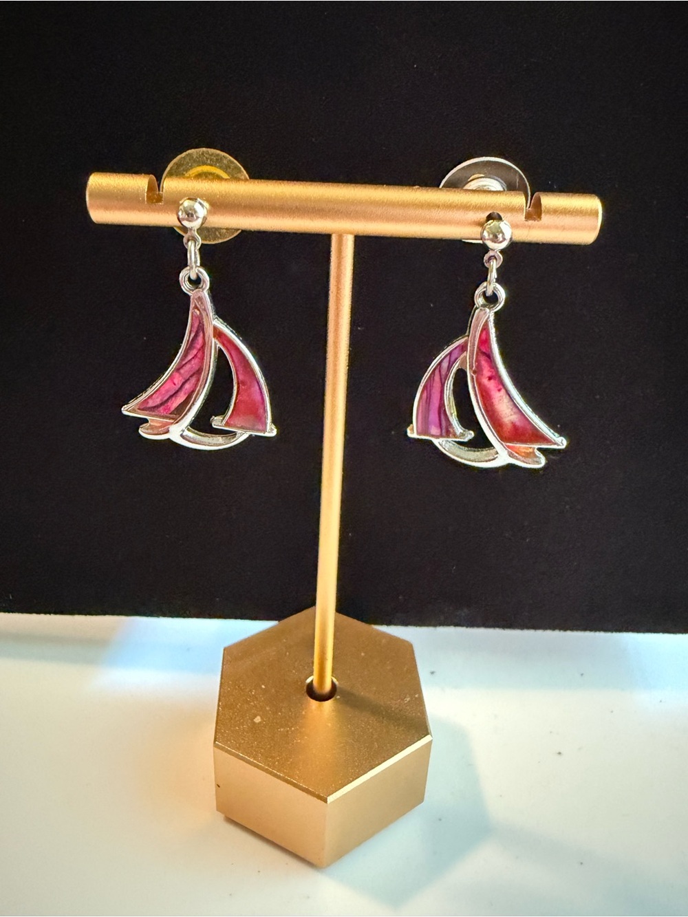 Vintage Pink Sailboat Dangle Earrings - Unbranded